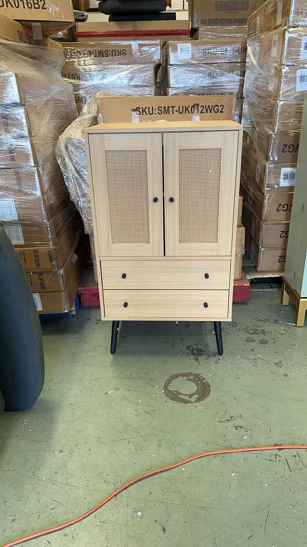 Sideboard Buffet Cabinet, Oak Finish Kitchen Storage Cabinet with Rattan Decorated Doors, Cupboard Console Table Accent Cabinet for Living Room Dining