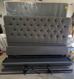 King size tufted headboard and frame. Comes with framed box spring.