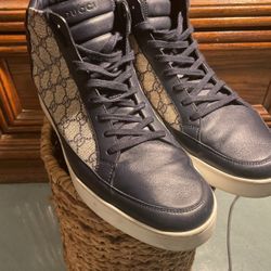 Gucci GG Supreme High Top Leather Navy  Canvas Logo Men’s 9 