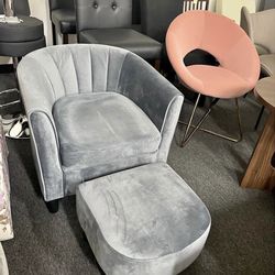 Assembled New Modern Accent Chair with Ottoman, Upholstered Teddy Velvet Barrel Club Chair w/Footres