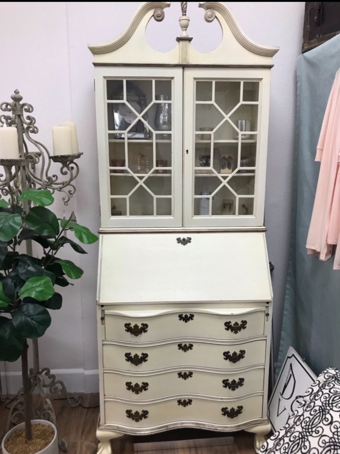 Creme Antique Secretary Desk Hutch
