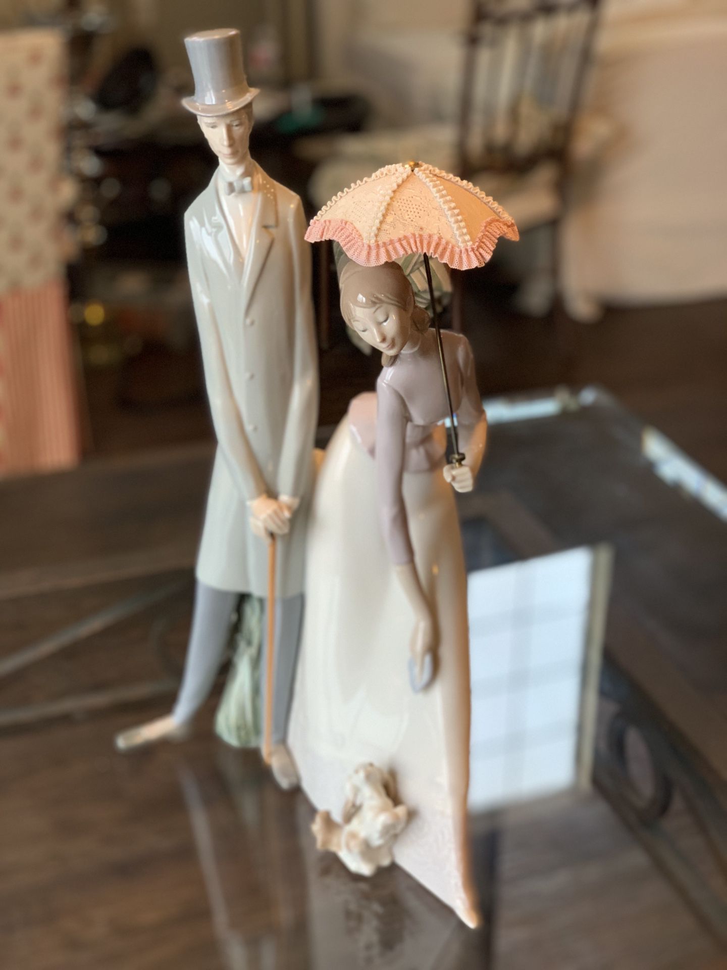 Lladro Lady and Man with Umbrella 19.5 inches tall
