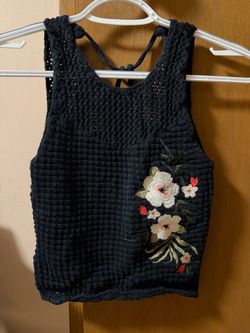 Hollister Black Knit Crop Top with Floral Embroidery