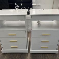 2pcs/LED Nightstand with Charging Station, 3 Drawers, 1 Pull-Out Tray and Open Storage, White, (14"D x 118"W x 27"H)