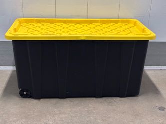 HDX 77 Gal. Tough Storage Tote with Wheels in Black with Yellow Lid container Heavy duty