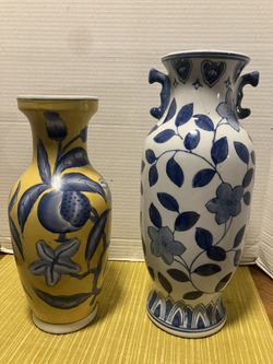 Pair Of Ceramic Vases-Blue& Yellow & Blue & White-$28 CASH