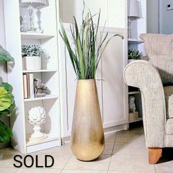  Tall Floor Vase, Gold Metal with Green Reeds  42"x10" vessel, container, pottery, faux plants, fake plants, home decor, boho