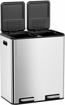 Kitchen Dual Trash Can, 60L Hands-Free Stainless Steel Garbage Can, Classified Rubbish Bin with Double Compartments, Soft-Close Lid, Inner Bucket, Odo