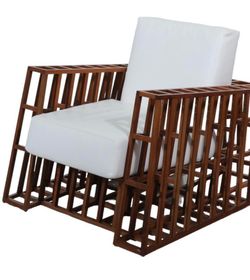 Modern Wood Slat Lounge Chair with White Cushions