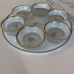 Gold trim Glass Serving Tray With 6 Bowls