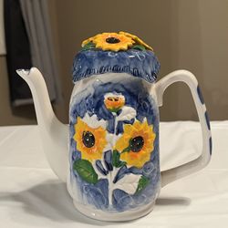 Rare Vintage Kettle Ceramics Sunflower flowers Ukraine Kitchenware