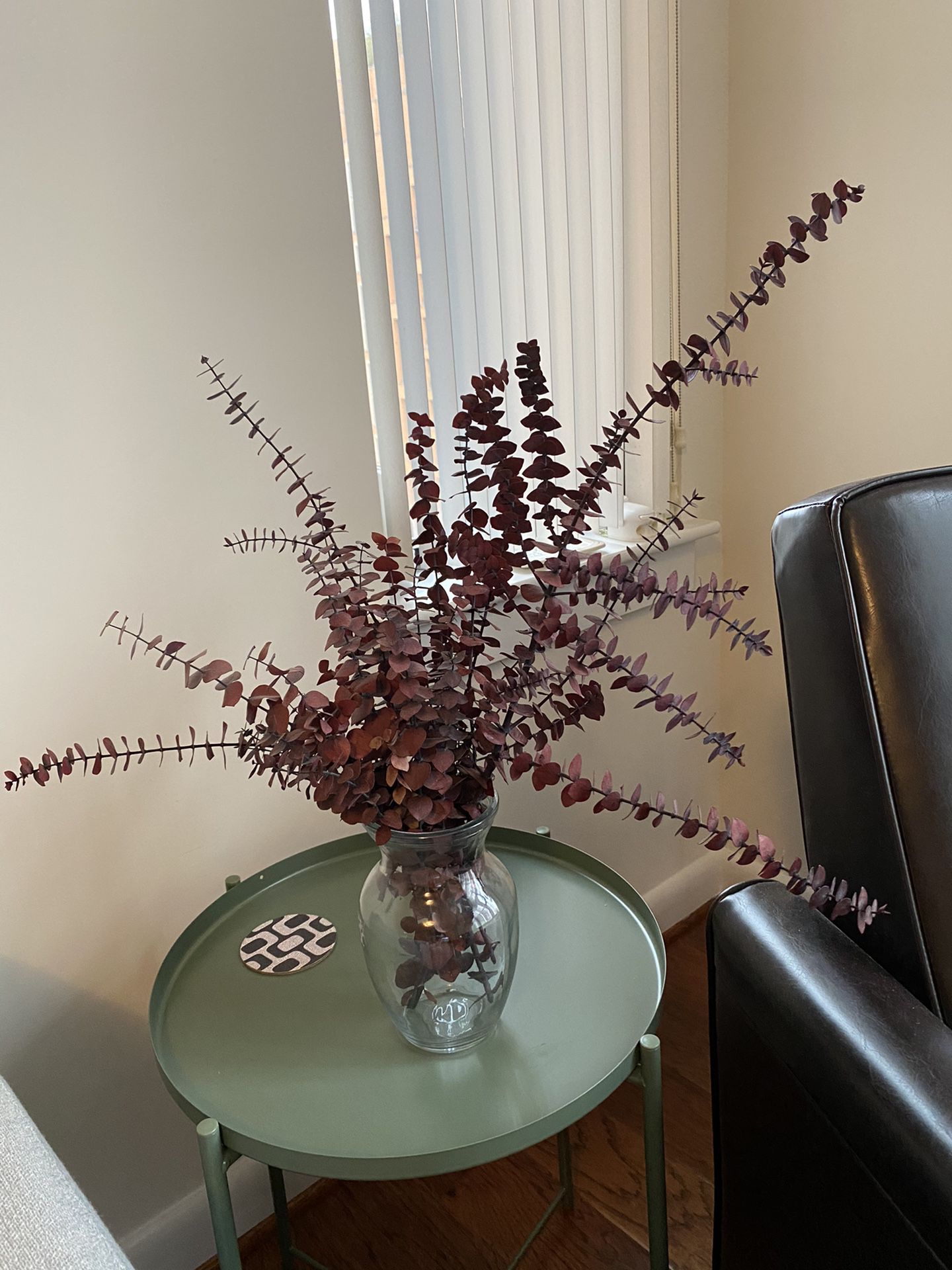 Vase with burgundy eucalyptus