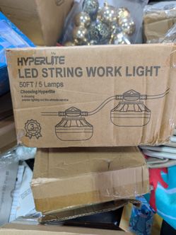 HYPERLITE Construction String Lights: 50FT 5 Bulbs Work Lights with Climbing Hooks - IP65 Waterproof Linkable LED Industrial Temporary Lighting for Co