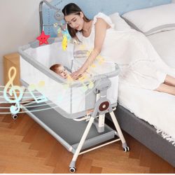 Baby Bassinet,Rocking Bassinet for Baby,3 in 1 Baby Bassinets Bedside Sleeper with Musical Toys,Bedside Bassinet for Baby with Storage Basket and Whee