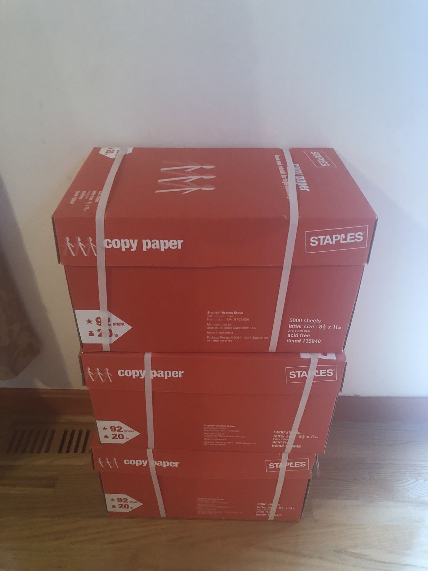 3 cases of copy paper 92 bright 20lbs from staples.