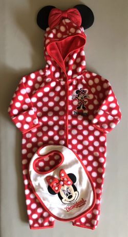 New Original Disney Baby Minnie Mouse Winter Onesie Costume Bodysuit and Terrycloth Bib 0-3 Months