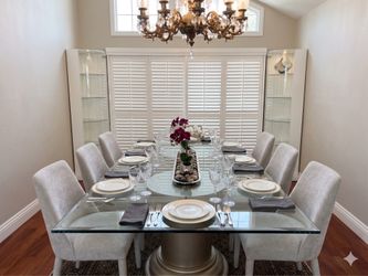 Oversized 84” x 46” Glass Dining Table with Pedestal Base – Seats 8–10