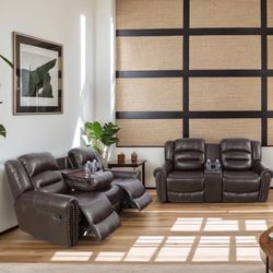 Brown Leather Fully Reclining Couch And Love Seat