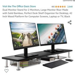 Dual Monitor Stand for 2 Monitors, Large Monitor Riser Made with Solid Bamboo, Perfect Desk Shelf Organizer for Desktop, 42 Inch Wood Platform for Com