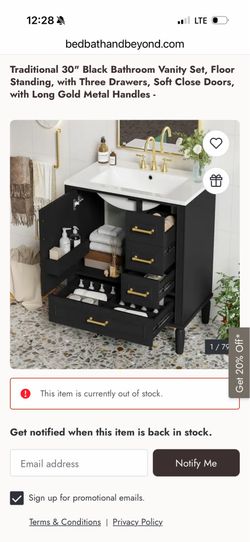 Traditional 30" Black Bathroom Vanity Set, Floor Standing, with Three Drawers, Soft Close Doors, with Long Gold Metal Handles -