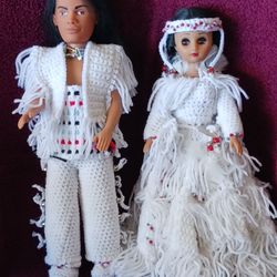 Vintage Native American 15" Dolls Princess And Warrior Crocheted Outfits