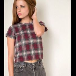Brandy Melville Short Sleeve Plaid Crop Top Sweater