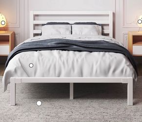 Queen Size Metal Platform Bed Frame with Headboard, Heavy Duty Steel Slat Support, Under-Bed Storage, No Box Spring Needed, White