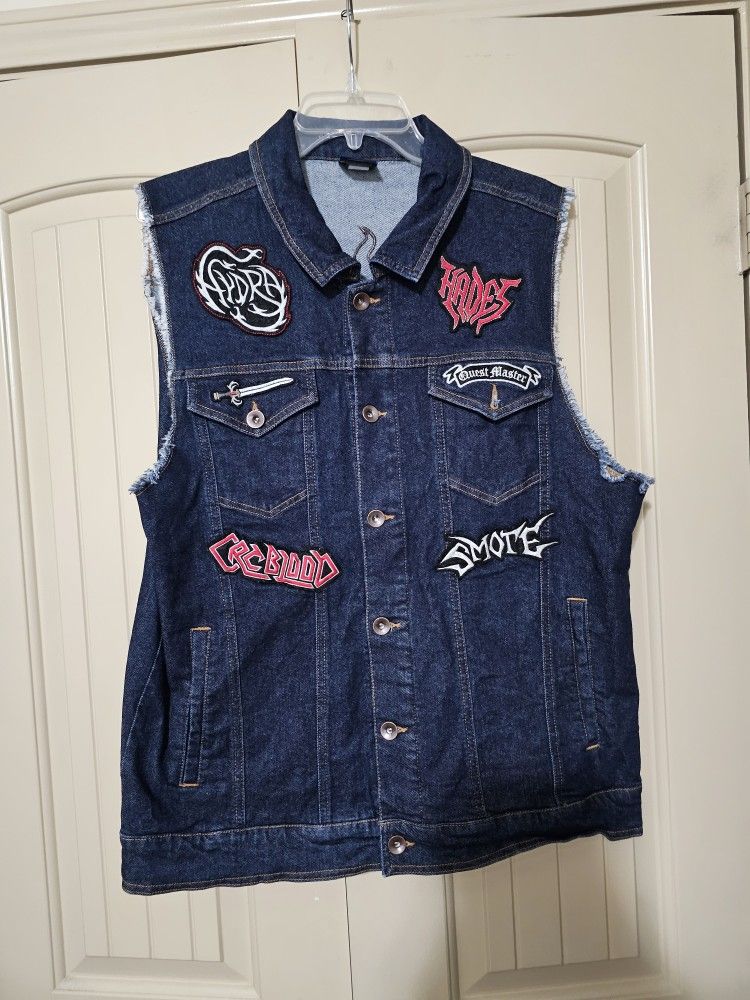 Men's Disney Pixar Our Universe Onward Barley Denim Jean Vest Blue Patches Jacket