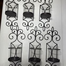 Set of 6 Decorative Wall Candle Sconces Wrought Iron + Glass Hurricanes