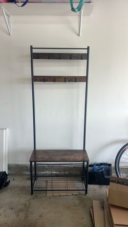 Entryway bench with coat, hooks and shoe rack, rustic industrial style