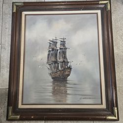 GARCIA PIRATE SHIPS ORIGINAL OIL ON CANVAS SEASCAPE Vtg Framed Painting 30x26"