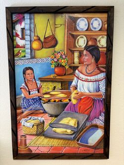 Framed Mexican Folk Art Oil Painting