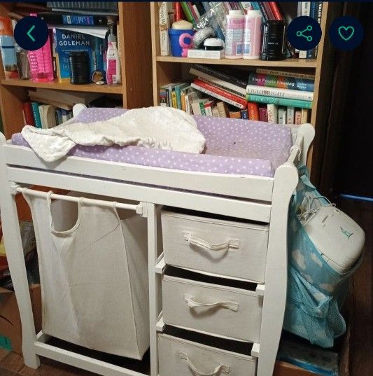 Wooden Changing Table With Drawers And Laundry Bag