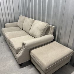 Free Delivery: Beautiful Cream Sofa + Ottoman Set — Clean & Protected! 🛋️