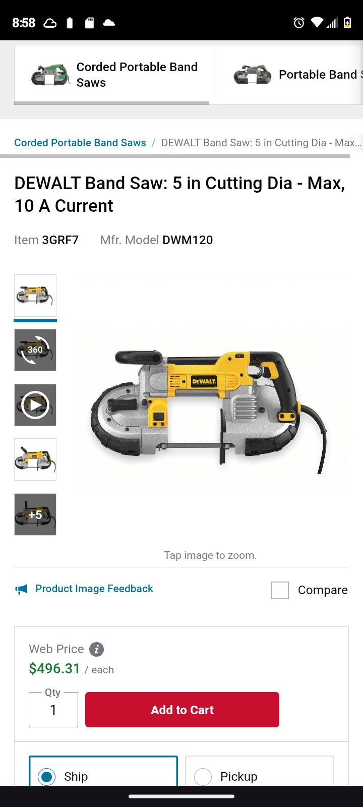 DEWALT Band Saw: 5 in Cutting Dia.