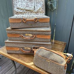 Vintage Four Piece Tweed & Leather Hartmann Luggage Set