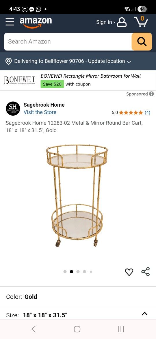 Metal & Mirror Round Bar Cart, End Table