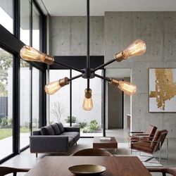 Magnolia Home 5-Arm Sputnik Chandelier - Matte Black & Brass Mid-Century - New 