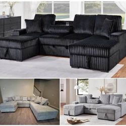 JUST ARRIVED!! 9ft by 6ft CORDUROY FLUFFY SECTIONAL WITH PULL OUT BED AND BUILT-IN STORAGE!! $975!
