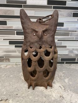Vintage Cast Iron Owl Hanging or Standing Lantern Candle Holder Brown 11”