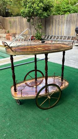 Vintage Italian Marquetry Wood & Brass Bar Cart / Tea Cart