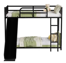 Bunk Bed with Ladder and Slide, metal Bed Frame with Safety Guard Rails, Black