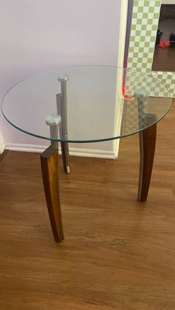 Modern Round Glass Top Side Table with Wood and Metal Legs