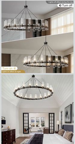 60 Inch Black Wagon Wheel Chandelier with Glass Shade, 20-Lights Large Round Modern Farmhouse Style, Perfect for High Ceiling, Dining Room, Living Roo