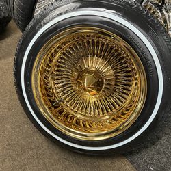 13x7 All Gold Player Wire Wheels On 155-80-13 Whitewalls Brand new wheels and tires 