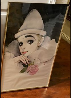 Rare Large Vintage Mira Fujita Pierrot Clown Rose Print 24x36 Framed 1980s