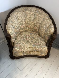 Antique Carved Barrel Chair – Floral Tapestry Upholstery