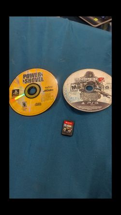 Nintendo Switch Rocket league, Ps1 power shovel, and PS3 Sniper