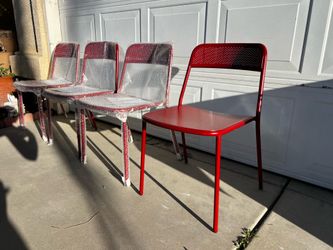Brand New. (Set of 4) All Weather Steel Stackable Chairs. Carmine Red color. $289