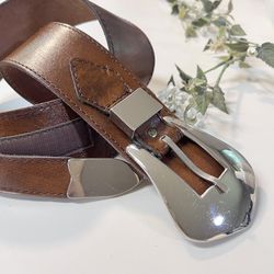 Pierre Aidenbaum Paris Vintage Brown Leather Silver Hardware Belt Made in France